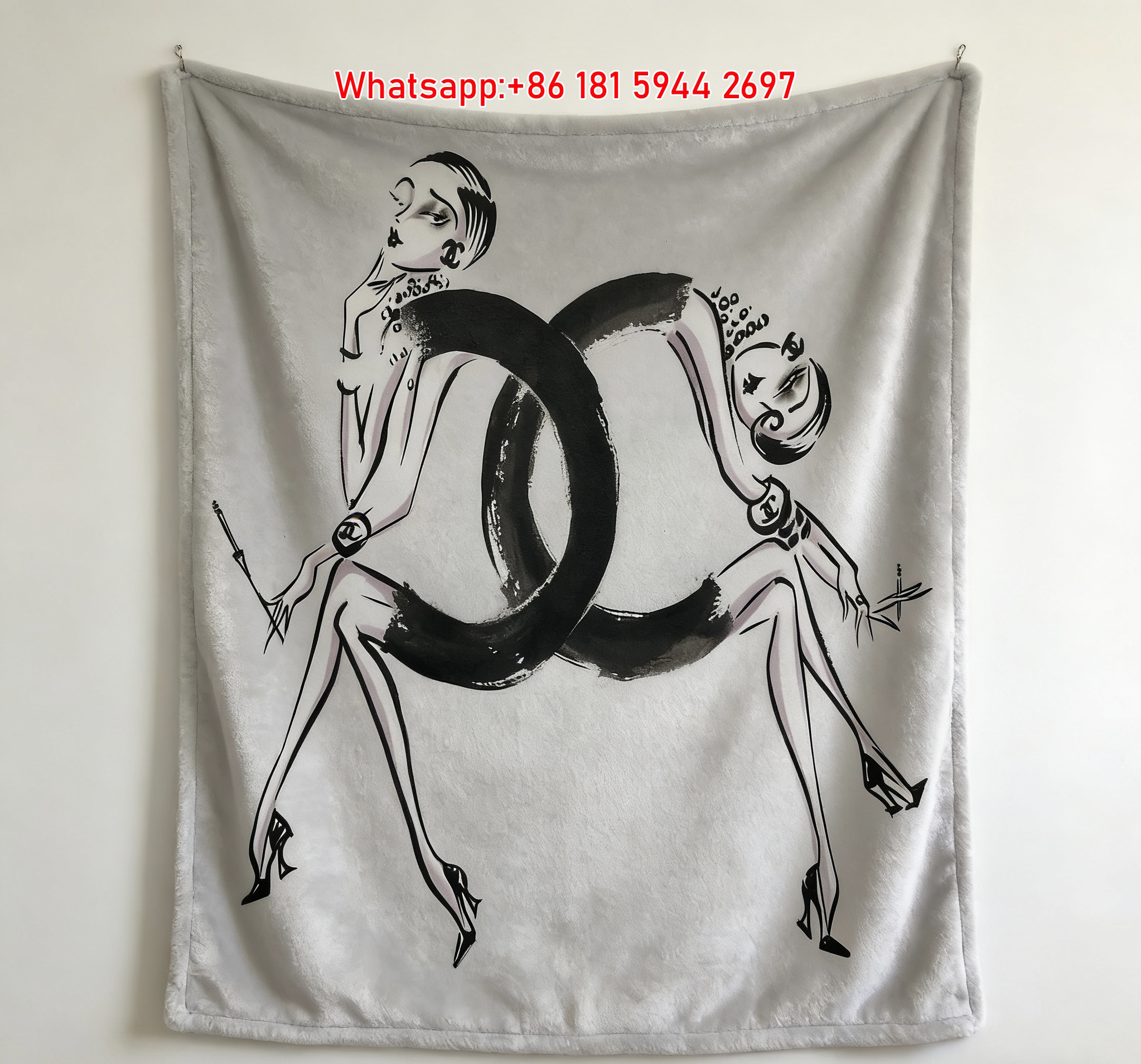 Chanel CC Logo Fashion Illustration Ink Art Flannel Sofa Throw Blanket IMG_6781
